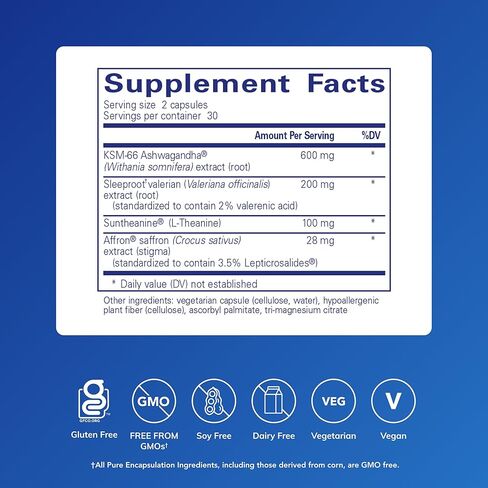Pure Encapsulations Pure Sleep – Melatonin-Free Calming Sleep Supplement for Relaxation Support- Ashwagandha, Saffron & Valerian – Gluten-Free, Hypoallergenic, Non-GMO – 60 Count (30 Servings) in Saudi Arabia