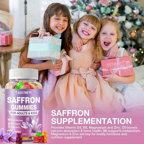 Saffron Gummies for Kids Adults Saffron Extract 88.5mg Saffron Supplement Ashwagandha, L-Theanine, St.John's Wort, Lemon Balm, Vitamin D3, B6, Magnesium & Zinc for Calm Nerve Rest Focus in Saudi Arabia