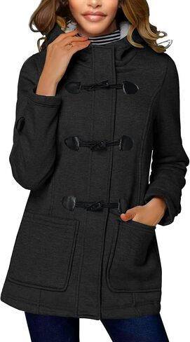 سترة صوف نسائية مع غطاء محرك السيارة، زر قرن الموضة، معطف شتوي دافئ سميك، سترة واقية طويلة ناعمة معزولة in Kuwait