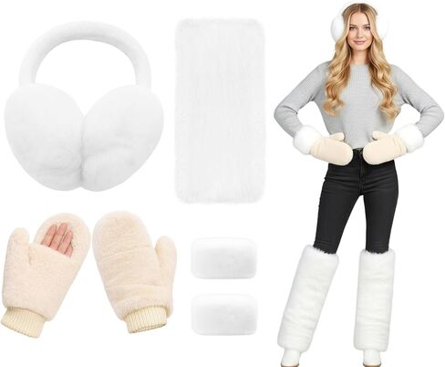4 Pieces Faux Fur Earmuffs Set Ear Warmer Gloves Furry Wrist Cuff Leg Warmers Boot Cuff Accessories for Women Girl in Saudi Arabia