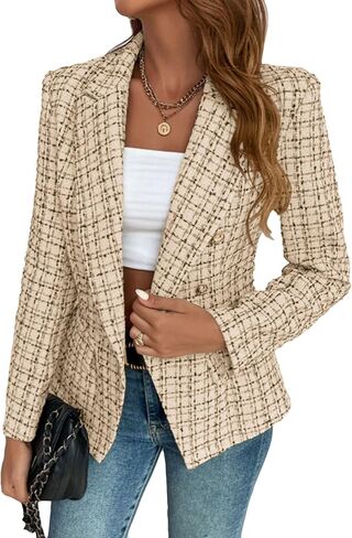 Mina Self 2025 Fall Winter Women’s Tweed Plaid Blazer - Double Breasted Work Casual Jacket with Pockets in Saudi Arabia