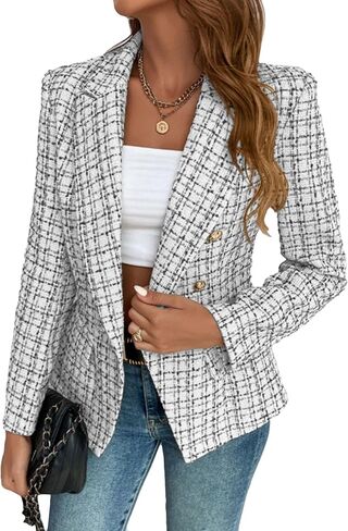 Mina Self 2025 Fall Winter Women’s Tweed Plaid Blazer - Double Breasted Work Casual Jacket with Pockets in Saudi Arabia