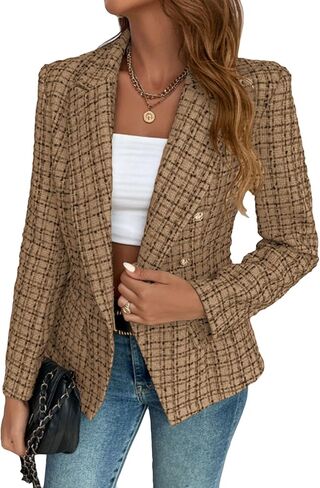 Mina Self 2025 Fall Winter Women’s Tweed Plaid Blazer - Double Breasted Work Casual Jacket with Pockets in Saudi Arabia