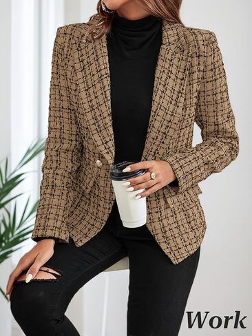 Mina Self 2025 Fall Winter Women’s Tweed Plaid Blazer - Double Breasted Work Casual Jacket with Pockets in Saudi Arabia