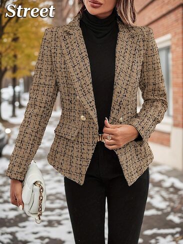 Mina Self 2025 Fall Winter Women’s Tweed Plaid Blazer - Double Breasted Work Casual Jacket with Pockets in Saudi Arabia