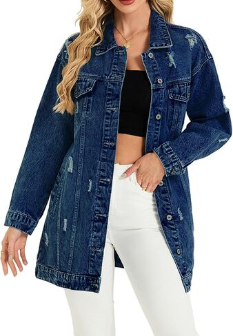 LifeShe Long Denim Jacket Women Oversized Distressed Midi Jean Jackets Fall Loose Trench Coat Trendy in Saudi Arabia