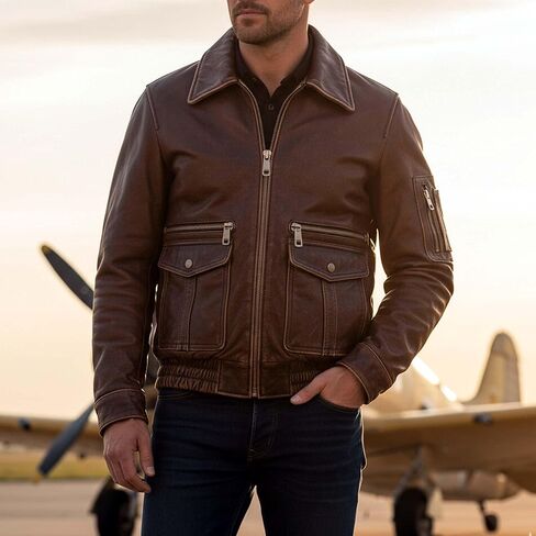 Men’s A2 Aviator Vintage Leather Jacket Genuine Cowhide, Air Force Military Style, Casual Flight Outerwear in Saudi Arabia