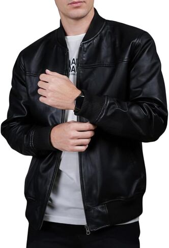DE - MARCA Bomber Jacket men, Black Genuine Lambskin Leather Jacket for Men, Novelty Style … in Saudi Arabia