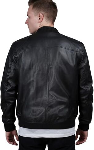 DE - MARCA Bomber Jacket للرجال، سترة جلدية سوداء من جلد الخراف الأصلي للرجال، طراز حديث... in Kuwait