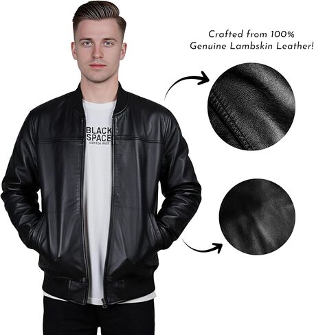 DE - MARCA Bomber Jacket للرجال، سترة جلدية سوداء من جلد الخراف الأصلي للرجال، طراز حديث... in Kuwait