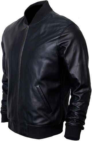DE - MARCA Bomber Jacket للرجال، سترة جلدية سوداء من جلد الخراف الأصلي للرجال، طراز حديث... in Kuwait