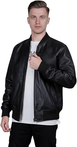 DE - MARCA Bomber Jacket للرجال، سترة جلدية سوداء من جلد الخراف الأصلي للرجال، طراز حديث... in Kuwait
