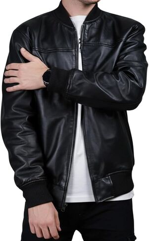 DE - MARCA Bomber Jacket للرجال، سترة جلدية سوداء من جلد الخراف الأصلي للرجال، طراز حديث... in Kuwait