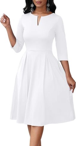 Nmoder Midi Dresses for Women - Semi Formal Fit and Flare 3/4 Sleeve V Neck A-Line Cocktail Church Work Dress with Pockets in Saudi Arabia