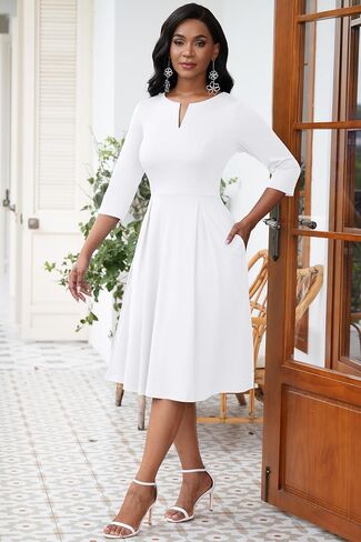 Nmoder Midi Dresses for Women - Semi Formal Fit and Flare 3/4 Sleeve V Neck A-Line Cocktail Church Work Dress with Pockets in Saudi Arabia