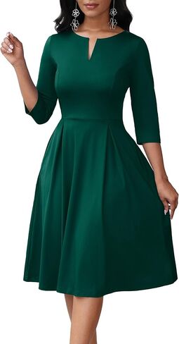 Nmoder Midi Dresses for Women - Semi Formal Fit and Flare 3/4 Sleeve V Neck A-Line Cocktail Church Work Dress with Pockets in Saudi Arabia