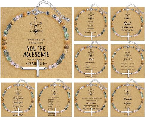 BOMAIL 9PCS Cross Bracelets for Women - Christian Inspirational Bracelets Gifts Healing Natural Stone Beaded Bracelets Set Adjustable Confirmation Baptism Easter Gift Bracelets in Saudi Arabia