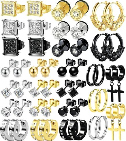 25 Pairs Earrings Set for Men and Women, Black Silver 14K Gold-Plated Mixed Earring Studs Kit Fashion Ear Piercing Jewelry Cross Dangle Hoop in Saudi Arabia