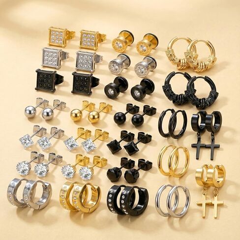 25 Pairs Earrings Set for Men and Women, Black Silver 14K Gold-Plated Mixed Earring Studs Kit Fashion Ear Piercing Jewelry Cross Dangle Hoop in Saudi Arabia