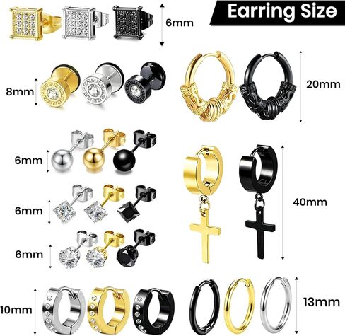 25 Pairs Earrings Set for Men and Women, Black Silver 14K Gold-Plated Mixed Earring Studs Kit Fashion Ear Piercing Jewelry Cross Dangle Hoop in Saudi Arabia