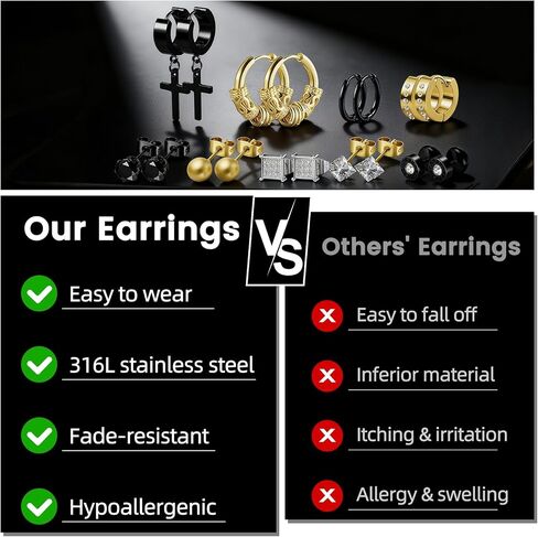 25 Pairs Earrings Set for Men and Women, Black Silver 14K Gold-Plated Mixed Earring Studs Kit Fashion Ear Piercing Jewelry Cross Dangle Hoop in Saudi Arabia