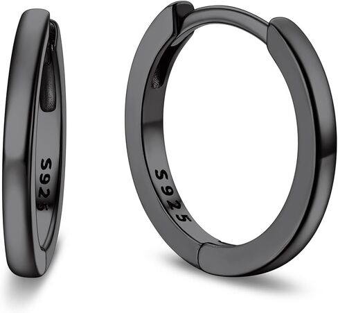 Bandmax 925 Sterling Silver Black Huggie Hoop Earrings 10mm Small Ear Hoops Hypoallergenic Silver Cartilage Piercing Jewelry Gift for Women Men in Saudi Arabia