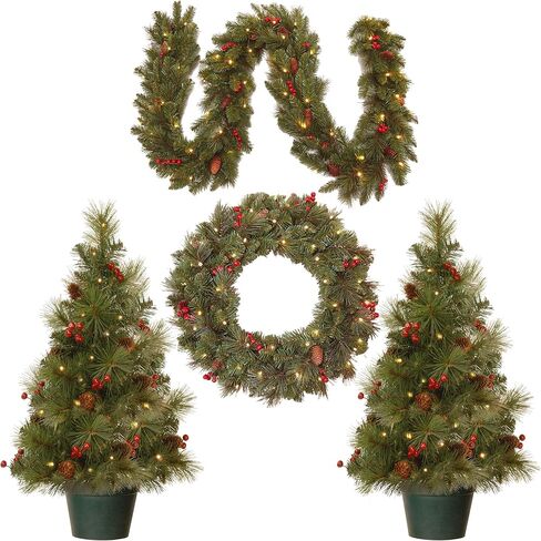 National Tree Company Pre-Lit Everyday Collection Artificial Christmas Decoration Set with LED Lights, Includes 2 Mini Christmas Trees,1 Wreath, and 1 Garland, Set of 4 in Saudi Arabia