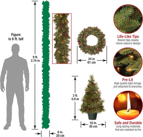 National Tree Company Pre-Lit Everyday Collection Artificial Christmas Decoration Set with LED Lights, Includes 2 Mini Christmas Trees,1 Wreath, and 1 Garland, Set of 4 in Saudi Arabia