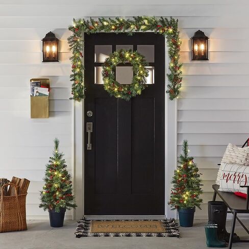National Tree Company Pre-Lit Everyday Collection Artificial Christmas Decoration Set with LED Lights, Includes 2 Mini Christmas Trees,1 Wreath, and 1 Garland, Set of 4 in Saudi Arabia