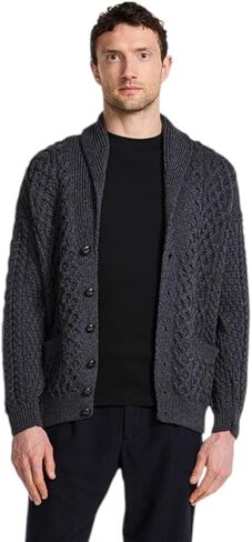 سترة صوفية للرجال بياقة شال من Aran Woolen Mills - 100% صوف ميرينو، سترة منسوجة بكابل أران الأيرلندي مع أزرار وجيوب أمامية in Saudi Arabia