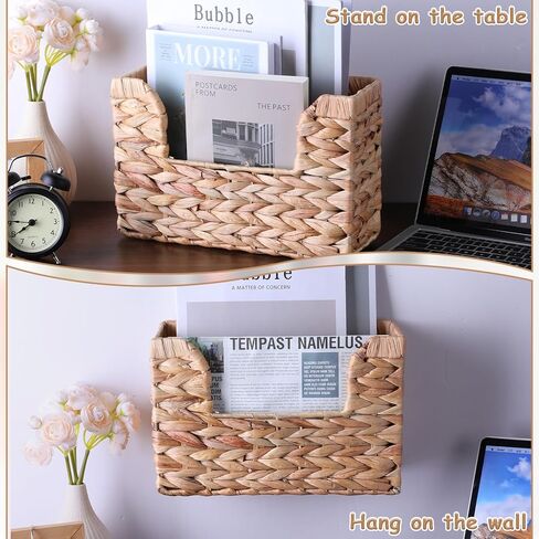 Woven Hanging Magazine Holder Water Hyacinth Storage Basket Wall Mounted Wicker Organizer Boho Modern Farmhouse Book Rack with Handle File Newspaper Mail Holder for Home Office in Saudi Arabia