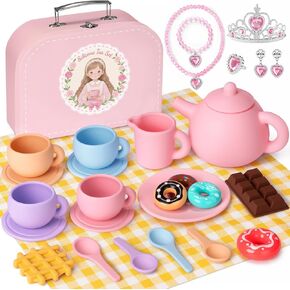 Porcelain Tea Set for Girls, Tea Party Set for Little Girls, Kids Tea Set Kitchen Pretend Play, Princess Tea Time Playset with Teapot Cups Carry Case, Toddler Girl Toys Birthday Gifts Age 3+ in Kuwait