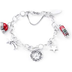 سوار سحر عيد الميلاد S925 JA، من الفضة الاسترليني مع قبعة سانتا، وشاحنة حمراء، ونجمة وإكليل من الزهور in Kuwait