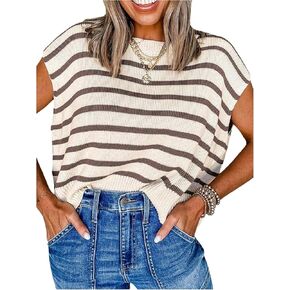 SHENHE Women's Plus Size Cap Sleeve Sweater Striped Crew Neck Lightweight Knit Vest Pullover in Saudi Arabia