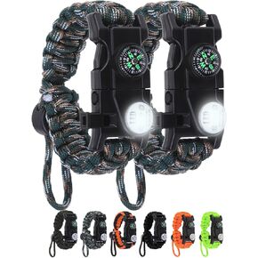 Adjustable Survival Paracord Bracelet, 2 Pack Emergency Fire Starter Kit with Loud Whistle Compass Light Flint Steel for Hiking Fishing Hunting, Tactical Gear Equipment Multitools in Kuwait