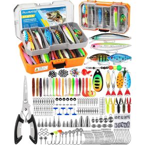 PLUSINNO Fishing Lures Kit with Removable Tray, 373PCS Fishing Tackle Box with Tackle Included, Fishing Gear with Pliers, Weights, Hooks, Accessories, Fishing Tackle Lure Kit Gifts for Men Bass Trout in Kuwait