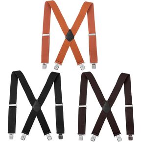 3 Pcs Men’s Heavy Duty Work Suspenders, 2 Inch Wide Clip-On Work Suspenders for Men, Adjustable X-Shaped Strong Clips Suspender for Big Tall Senior Men Gift (Black, Brown, Coffee) in Kuwait