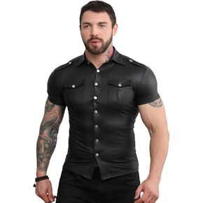 Mens PU Faux Leather Shirt Punk Style Short Sleeve Streetwear Fashion Urban Shacket Tops in Saudi Arabia