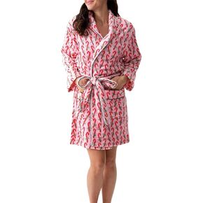 Women Christmas Dressing Gown Flannel Robe Cute Candy Stripe Print Robe Soft Fleece Warm Short Bathrobe with Belt in Saudi Arabia