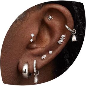 Hypoallergenic Earrings Stacks for Women - 14K Gold Plated Silver Flat Back Stud Earrings Stud Hoop Cartilage Earring Set Stainless Steel Flatback Stud Earring with CZ Charms in Saudi Arabia