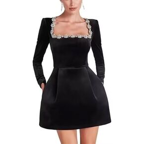 فساتين زفاف Dymaisei كريستال برقبة مربعة للعرائس بأكمام طويلة فستان حفلة موسيقية مخملي لحفلات الزفاف مع جيوب in Kuwait