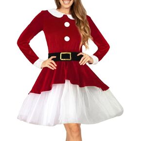 Women 3Pcs Velvet Christmas Santa Claus Dress Long Sleeve Mesh Hem Dress Hat Belt Cosplay Costumes in Saudi Arabia