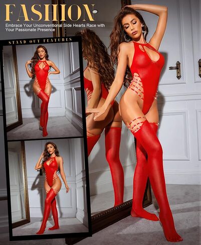 Sexy Lingerie Sets for Women 2 Piece Fishnet Bodystocking Exotic Sparkle Rhinestone Mesh Bodysuit with Thigh High Stockings in Saudi Arabia