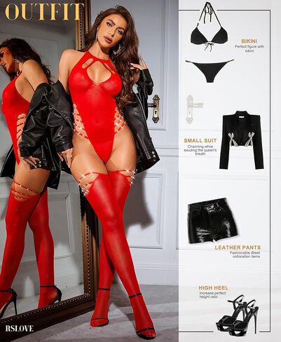 Sexy Lingerie Sets for Women 2 Piece Fishnet Bodystocking Exotic Sparkle Rhinestone Mesh Bodysuit with Thigh High Stockings in Saudi Arabia