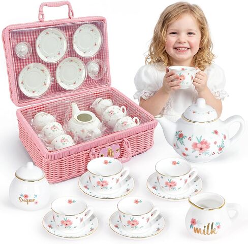Porcelain Tea Set for Girls, Tea Party Set for Little Girls, Kids Tea Set Kitchen Pretend Play, Princess Tea Time Playset with Teapot Cups Carry Case, Toddler Girl Toys Birthday Gifts Age 3+ in Saudi Arabia