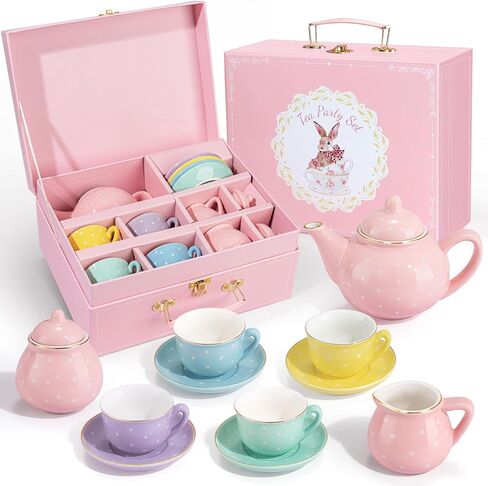 Porcelain Tea Set for Girls, Tea Party Set for Little Girls, Kids Tea Set Kitchen Pretend Play, Princess Tea Time Playset with Teapot Cups Carry Case, Toddler Girl Toys Birthday Gifts Age 3+ in Saudi Arabia