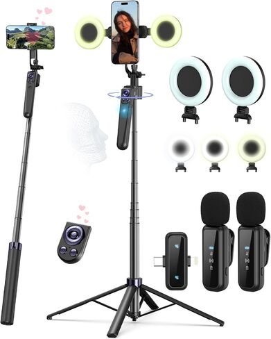Vlogging Kit for iPhone/Android, 63"Auto Face Tracking Tripod for iPhone with Light, Wireless Microphones, Scrolling Remote Control for TikTok, Content Creator Kit for YouTube Starter in Kuwait