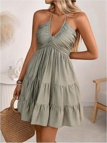 SOLY HUX Women's Summer Mini Dress Halter Backless Sleeveless A Line Ruffle Hem Flowy Cami Dresses Sundress in Kuwait