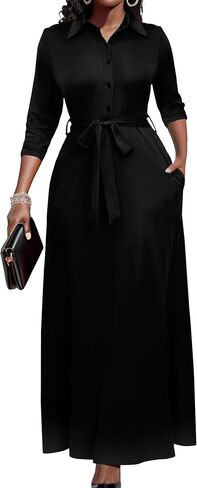 Runwind Women Church Maxi Dresses 3/4 Sleeve Button Down Print Casual Office Dress African in Saudi Arabia