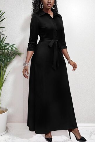 Runwind Women Church Maxi Dresses 3/4 Sleeve Button Down Print Casual Office Dress African in Saudi Arabia